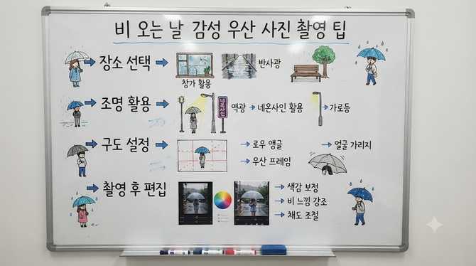 비 오는 날 감성 우산 사진 촬영 팁