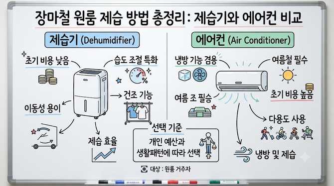 장마철 원룸 제습 방법 총정리: 제습기와 에어컨 비교