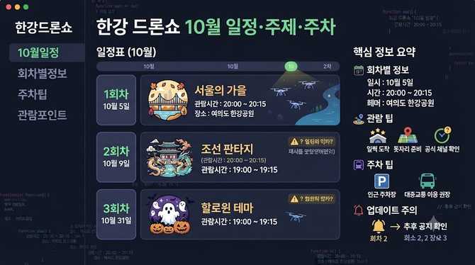 한강 드론쇼 10월 일정과 회차별 주제·주차 팁 모음